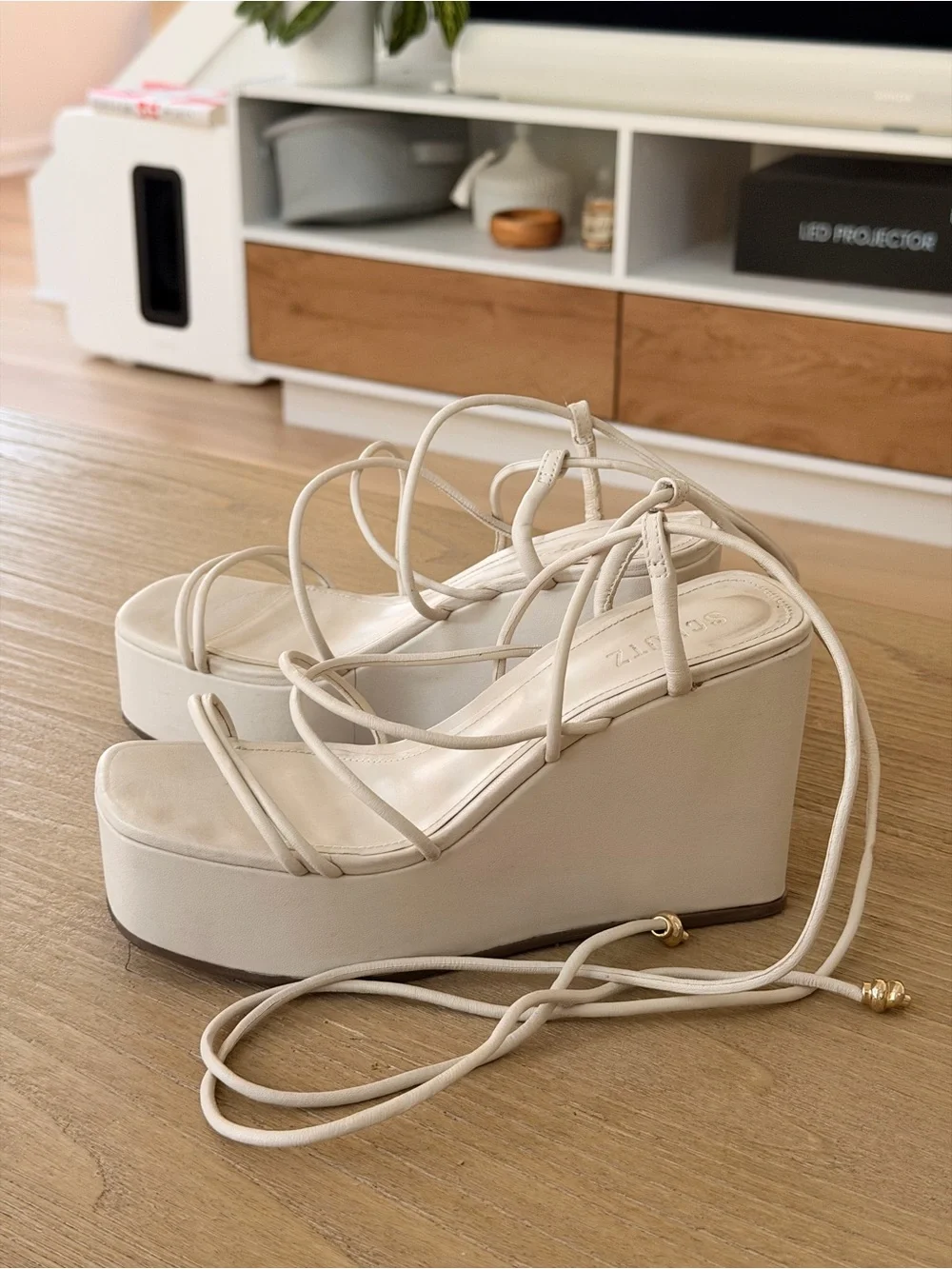 SCHUTZ Cream Leather Strappy Platform Wedge Sandal with Wrap Lace